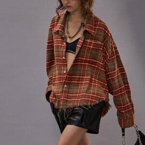 NWT R13 Drop Neck Cropped Shirt - Brown Plaid Street Cotton